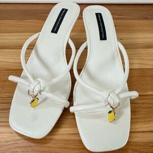 French Connection White Knotted Strap Kitten Heels with Lemon Charm